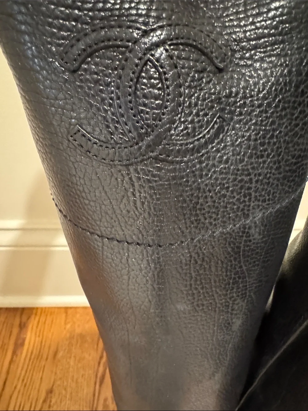 CHANEL Black Pebbled Leather Over-the-Knee Boots
